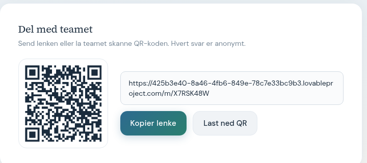 Skjermbilde: delbar lenke og QR-kode etter opprettet måling
